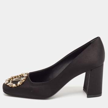 Pre Owned Louis Vuitton Black Satin Madeleine Block Heel Pumps Size 38