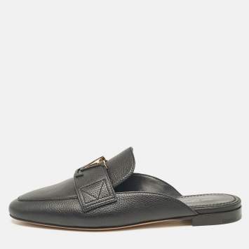 Pre Owned Louis Vuitton Black Leather LV Capri Open Loafer Mules Size 37