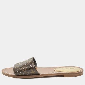 Louis Vuitton Monogram Canvas Studded Lock It Flat Slides Size 38.5