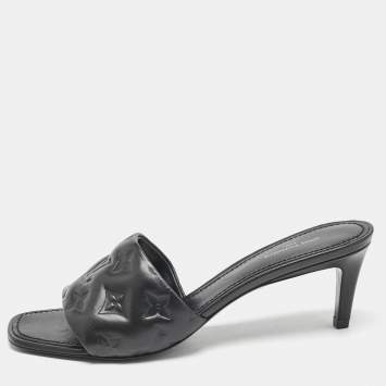 Pre Owned Louis Vuitton Black Monogram Embossed Leather Revival Slide Sandals Size 38.5