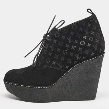 Louis Vuitton Black Monogram Suede Wedge Ankle Boots Size 36