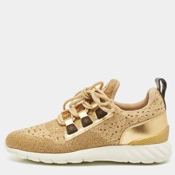 Pre Owned Louis Vuitton Gold Knit Fabric and Leather Aftergame Sneakers Size 38