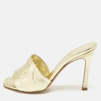 Pre Owned Louis Vuitton Gold Monogram Embossed Leather Revival Slide Sandals Size 38