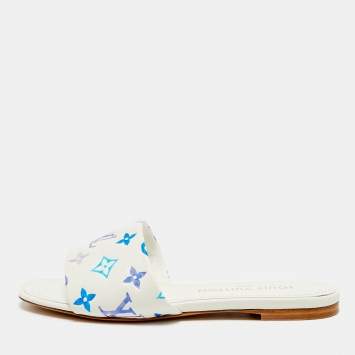 Pre Owned Louis Vuitton Revival Size 38 White/Blue Monogram Leather Flat Slide