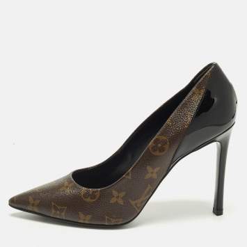 Pre Owned حذاء كعب عالي لوي فيتون شيري جلد أسود لامع كانفاس مونوغرامي مقدمة مدببة مقاس 39