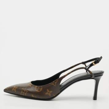Pre Owned Louis Vuitton Chérie Size 38 Brown/Black Monogram Canvas and Patent Leather Slingback Pumps