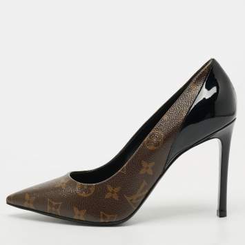 Pre Owned Louis Vuitton Chérie Size 39.5 Brown Monogram Canvas and Patent Leather Pumps