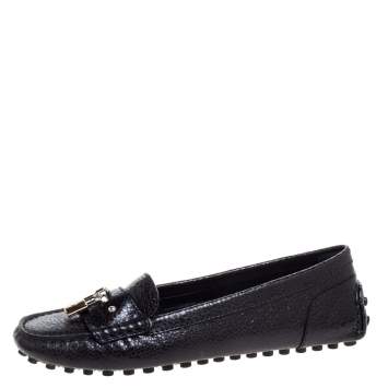 Pre Owned Louis Vuitton Black Textured Leather Close Up Loafers Size 37.5