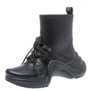 Pre Owned Louis Vuitton Black Matte Rubber Archlight Monogram Canvas Effect Trainer Boots Size 38 