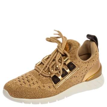 Pre Owned Louis Vuitton Gold Knit Fabric And Leather Aftergame Lace Trainer Sneakers Size 37