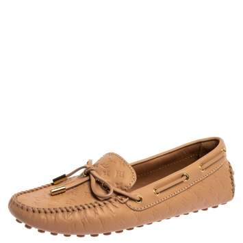 Pre Owned Louis Vuitton Beige Monogram Leather Gloria Bow Slip On Loafers Size 38