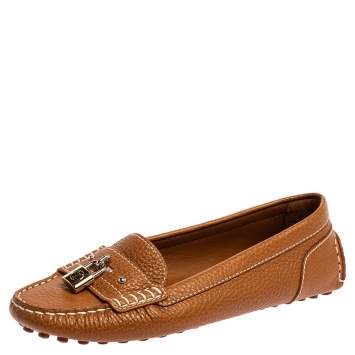 Pre Owned Louis Vuitton Brown Leather Lock Detail Slip On Loafers Size 38