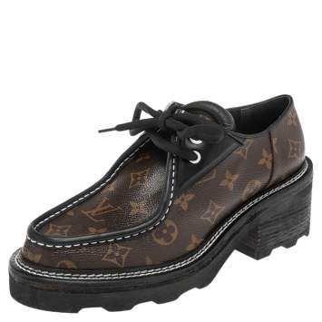 Pre Owned Louis Vuitton Black/Brown Leather And Coated Canvas Beaubourg Platform Derby Size 39.5