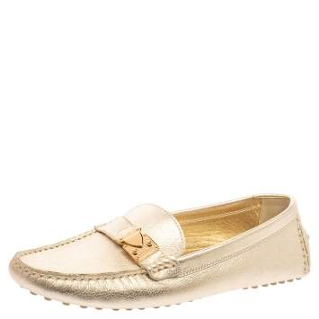 Pre Owned Louis Vuitton Gold Leather Lombok Driver Loafers Size 37.5 