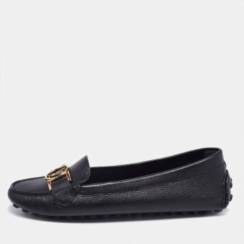Pre Owned Louis Vuitton Black Leather LV Logo Buckle Loafers Size 38.5