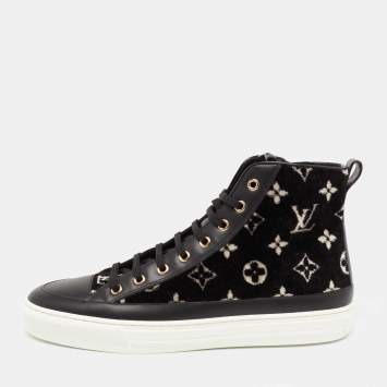 Pre Owned Louis Vuitton Black Leather And Velvet Trainers High Top Sneakers Size 40