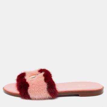 Pre Owned Louis Vuitton Pink/Red Mink Fur Lock It Flat Slide Sandals Size 37.5
