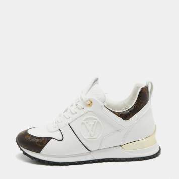 Pre Owned Louis Vuitton White/Monogram Canvas and Leather Run Away Sneakers Size 38