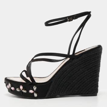 Pre Owned Louis Vuitton Black Satin Crystal Embellished Platform Espadrille Sandals Size 39.5