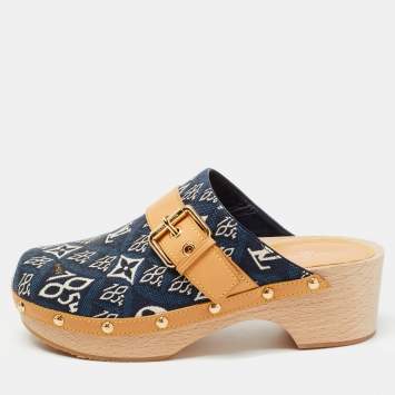 Pre Owned Louis Vuitton Navy Blue/Tan Printed Canvas and Leather Cottage Clog Mules Size 36