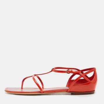 Pre Owned Louis Vuitton Orange Patent Leather Strappy Thong Flat Sandals Size 40.5
