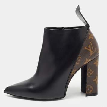 Pre Owned Louis Vuitton Black/Brown Monogram Canvas and Leather Rodeo Queen Ankle Boots Size 36