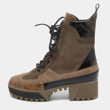 Pre Owned Louis Vuitton Multicolor Monogram Canvas and Suede Laureate Boots Size 38.5