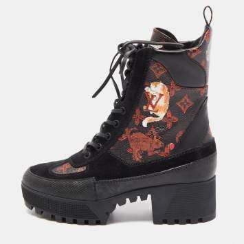 Pre Owned Louis Vuitton Brown/Black Suede And Coated Canvas Laureate Catogram Platform Ankle Boots Size 38