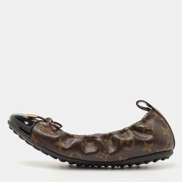 Pre Owned Louis Vuitton Brown/Black Monogram Canvas and Patent Leather Flirty Scrunch Ballet Flats Size 39