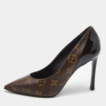 Pre Owned Louis Vuitton Brown/Black Monogram Canvas and Patent Leather Chérie Pointed Toe Pumps Size 36