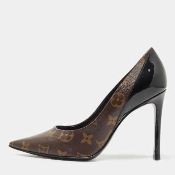 Pre Owned Louis Vuitton Black Patent Leather and Monogram Canvas Cherie Pumps Size 37