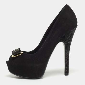 Pre Owned Louis Vuitton Black Suede Bow Peep Toe Platform Pumps Size 36