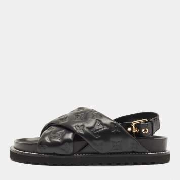 Pre Owned Louis Vuitton Black Monogram Embossed Leather Paseo Flat Sandals Size 39