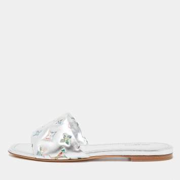 Pre Owned Louis Vuitton Silver Monogram Embossed Leather Revival Flat Slides Size 39