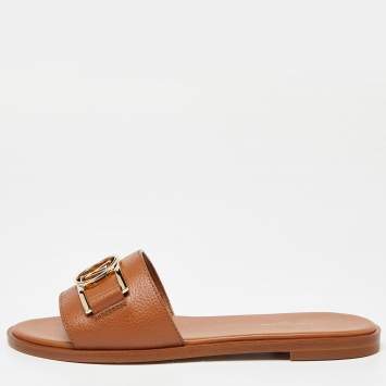 Pre Owned Louis Vuitton Cognac Leather Lock It Flat  Sandals Size 36