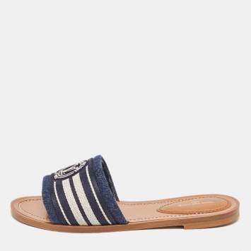 Pre Owned Louis Vuitton Navy Blue/White Canvas Lock It Flat Slides Size 37