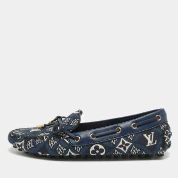 Pre Owned Louis Vuitton Navy Blue Leather and Denim Gloria  Loafers Size 36