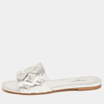 Pre Owned Louis Vuitton Silver Monogram Embossed Leather Revival Flat Slides Size 38