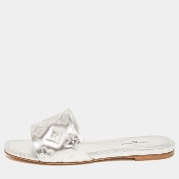 Pre Owned Louis Vuitton Silver Monogram Embossed Leather Revival Flat Slides Size 37