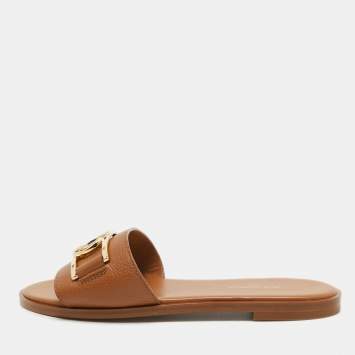 Pre Owned Louis Vuitton Tan Leather Lock It Flat Slides Size 36