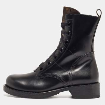 Pre Owned Louis Vuitton Black Leather and Monogram Canvas Metropolis Flat Ranger Boots Size 37.5