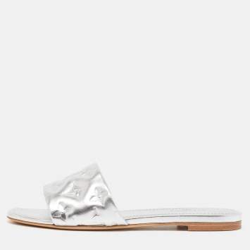 Pre Owned Louis Vuitton Silver Monogram Embossed Leather Revival Flat Slides Size 38