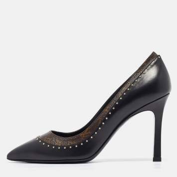 Pre Owned Louis Vuitton Black/Brown Monogram Coated Canvas and Leather Studded Pointed Toe Pumps Size 37