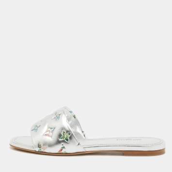 Pre Owned Louis Vuitton Silver Monogram Embossed Leather Revival Flat Slides Size 37