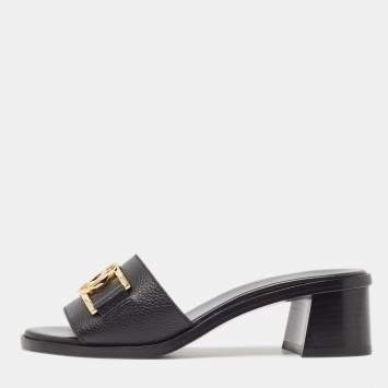 Pre Owned Louis Vuitton Black Leather Lock It Slide Sandals Size 35.5