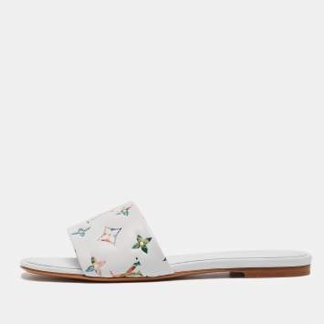 Pre Owned Louis Vuitton White Monogram Embossed Leather Revival Flat Slides Size 37
