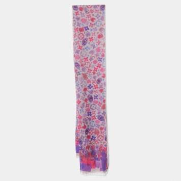 Pre Owned Louis Vuitton Pale Purple Monogram Scribble Print Cashmere & Silk Scarf