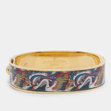 Pre Owned Louis Vuitton LV Hinge Enamel Gold Tone Bangle Bracelet S