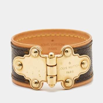 Pre Owned Louis Vuitton Gold Tone Save It Brown Monogram Canvas Wide Cuff Bracelet 17