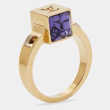 Pre Owned Louis Vuitton Gamble Crystal Gold Tone Ring Size 50